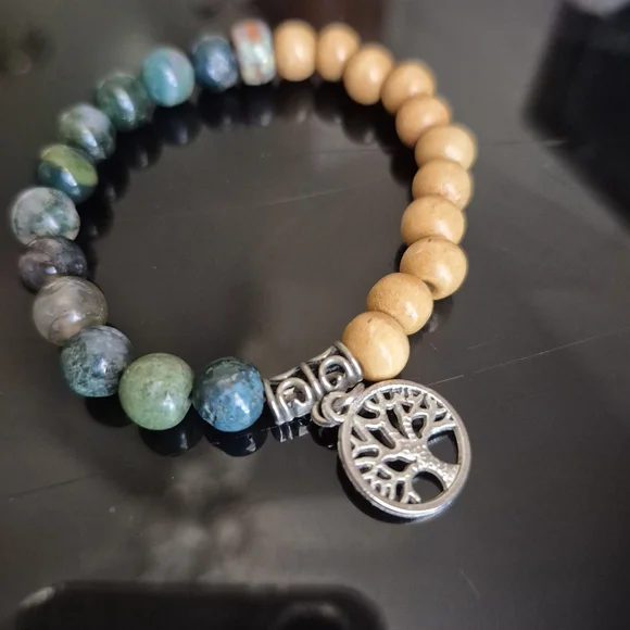Tree Of Life Braclet! Handmade With Natural Moss Agate And Mala Beads! - Picture 5 of 12